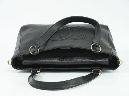 Authentic Chanel Coco Mark Shoulder Bag Tote Bag Caviar Skin Leather Black Coco