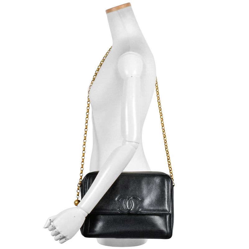 Chanel Shoulder Bag Caviar Skin Black Gold Hardware Vintage Women