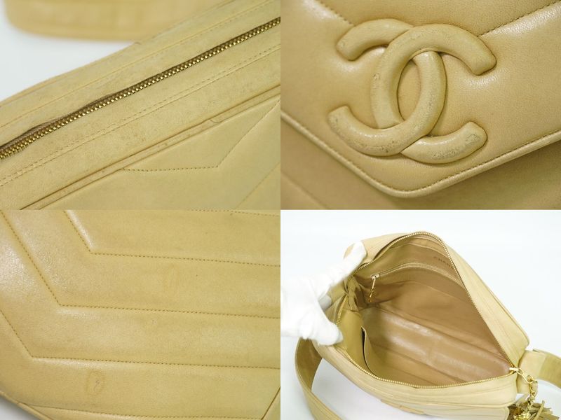 Authentic Chanel Coco Mark V Stitch Tassel Shoulder Bag Pochette Leather Beige