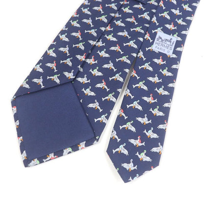 Hermes 5241 SA 100% Silk Dolphin All Over Pattern Wide Tie Marine Made In