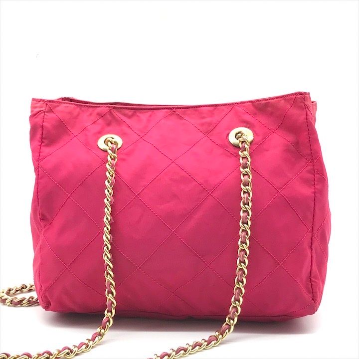 Prada Triangle Logo Tessuto Nylon Quilted Chain Tote Pink
