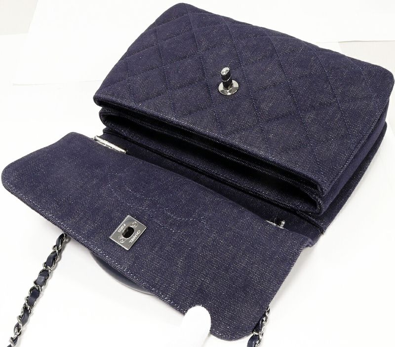 Chanel Handbag Shoulder Bag Matelasse Top Handle Denim Canvas Navy Silver