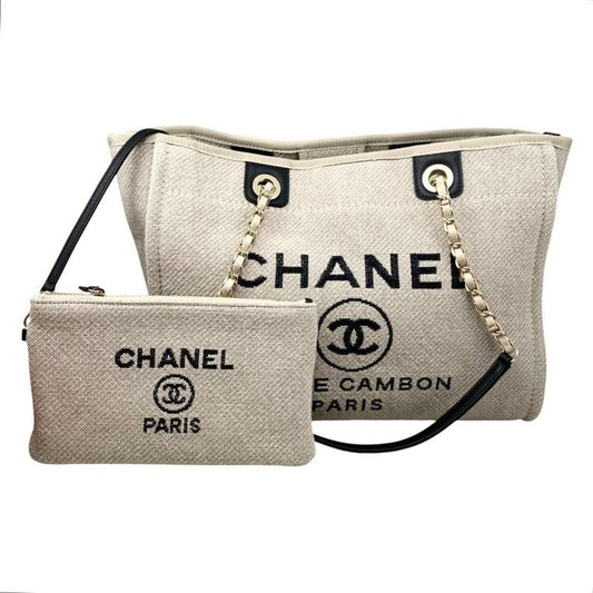Chanel Tote Bag Deauville MM A67001 Canvas Chain Logo Beige Black Gold Hardware