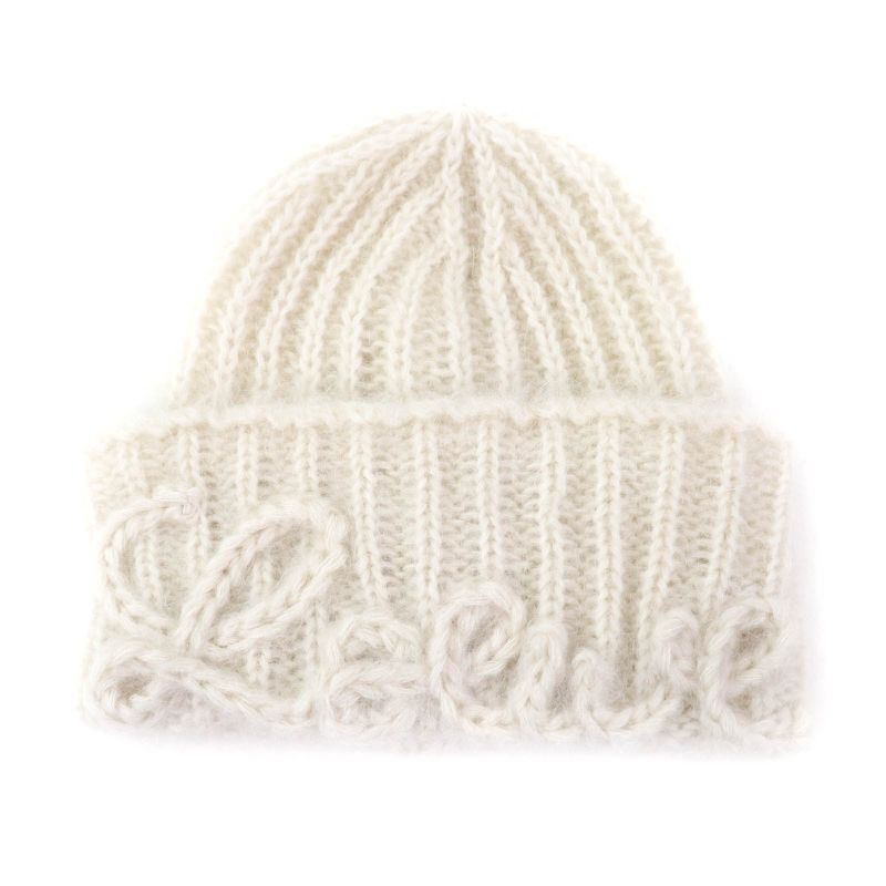 LOEWE F811487x36 Logo Design Mohair Blend Knit Cap Beanie Off White Made In