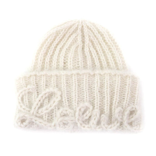 LOEWE F811487x36 Logo Design Mohair Blend Knit Cap Beanie Off White Made In