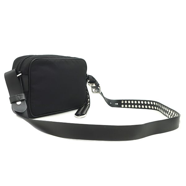 Prada Shoulder Bag Studded Nylon Leather Black Silver Hardware Black Triangle