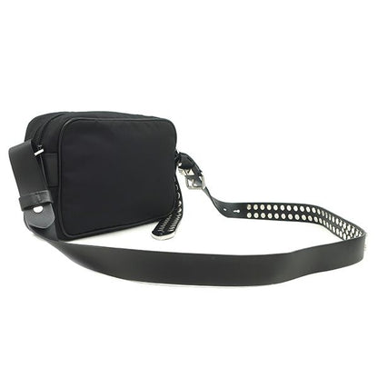 Prada Shoulder Bag Studded Nylon Leather Black Silver Hardware Black Triangle
