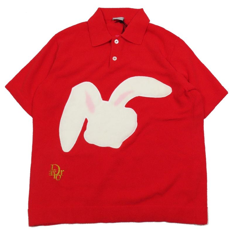 Unused 23ss Dior Rabbit Patch Cotton Knit Polo Shirt Short Sleeve Rabbit