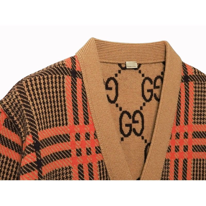 Gucci GG Wool Check Reversible Cardigan Glen Check Woven Long Sleeve Women's V
