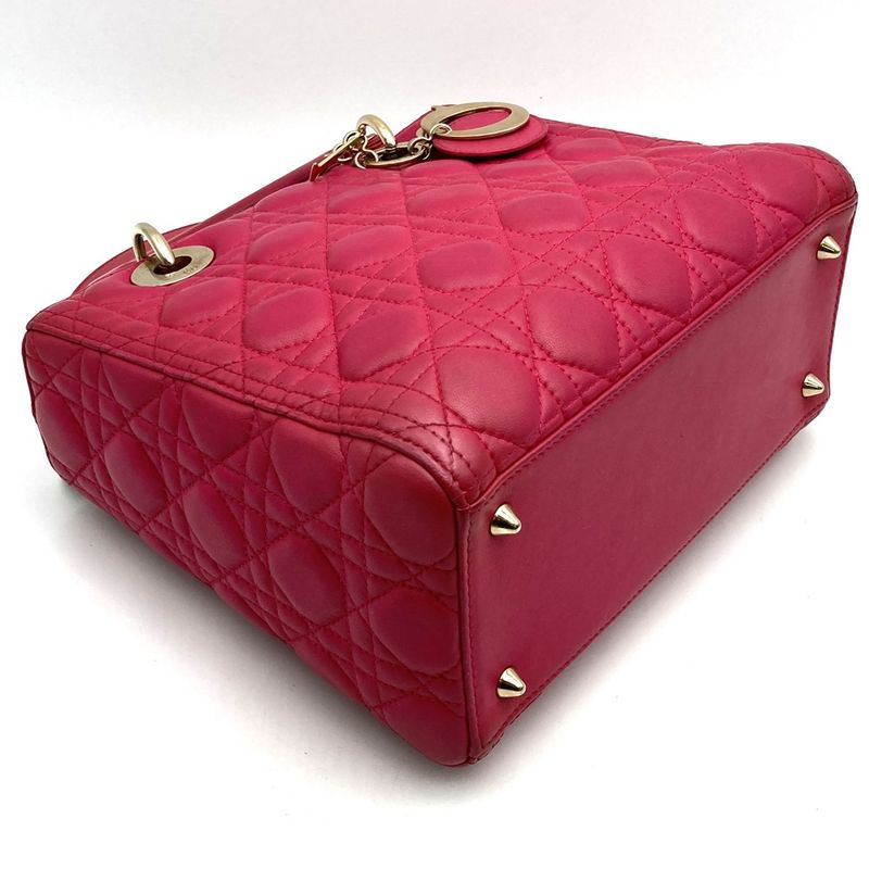 DIOR Lady Dior Medium 2way Shoulder Bag Handbag Leather Pink Gold Hardware