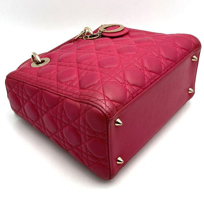 DIOR Lady Dior Medium 2way Shoulder Bag Handbag Leather Pink Gold Hardware