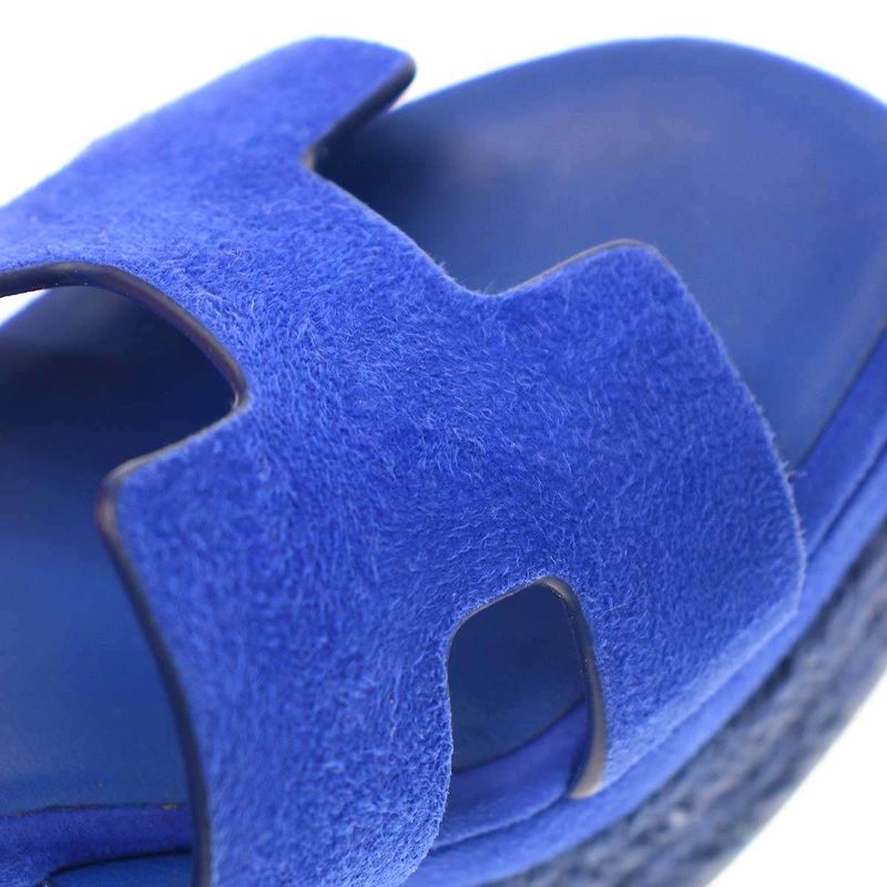 Hermes 24ss Espadrille Elda Suede Leather Wedge Sole Sandals Blue 35