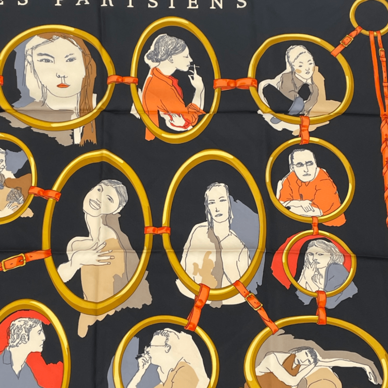 Hermes Carre 90 Scarf Silk LES Parisiens Black And Gold