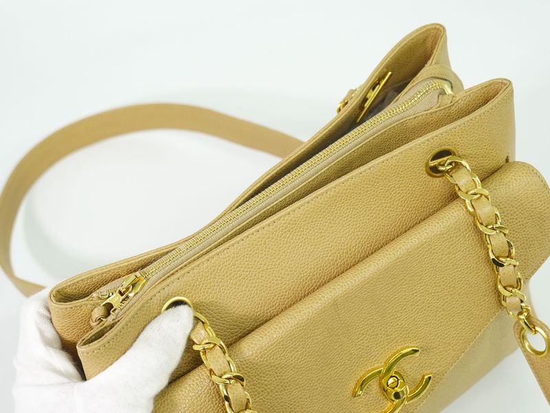 Authentic Chanel Coco Mark Shoulder Bag Tote Bag Caviar Skin Leather Beige Coco