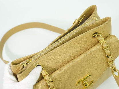 Authentic Chanel Coco Mark Shoulder Bag Tote Bag Caviar Skin Leather Beige Coco