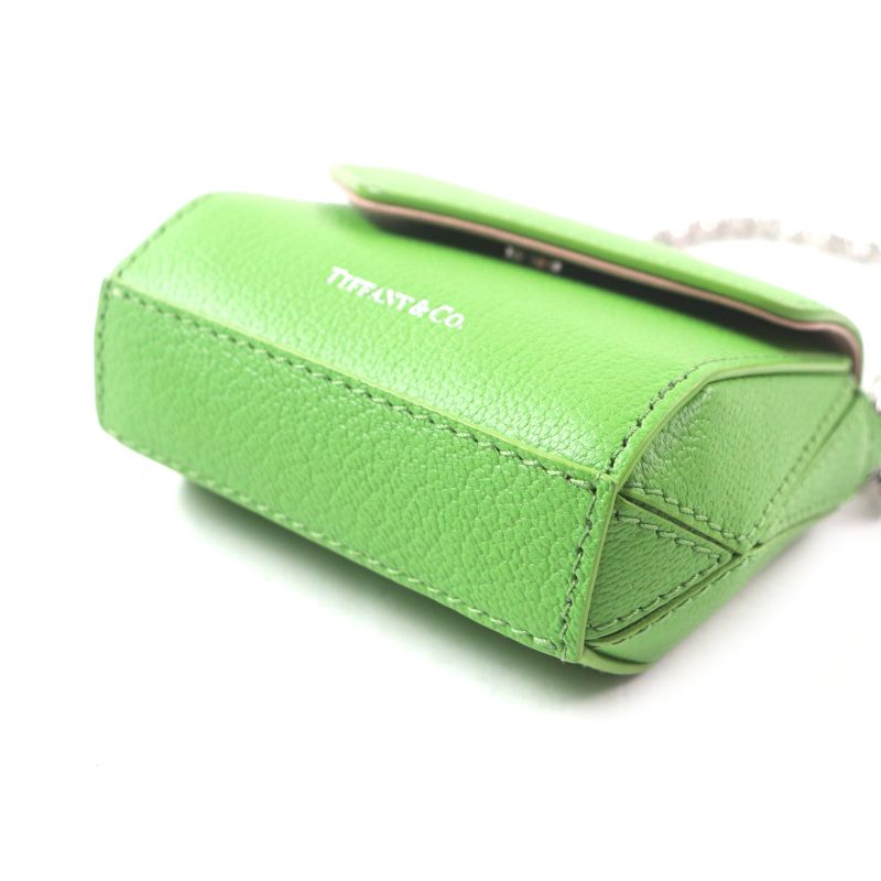 Tiffany & Co T-nano Bag Peridot Logo Print Chain Charm Leather Green Silver