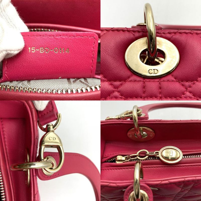 DIOR Lady Dior Medium 2way Shoulder Bag Handbag Leather Pink Gold Hardware