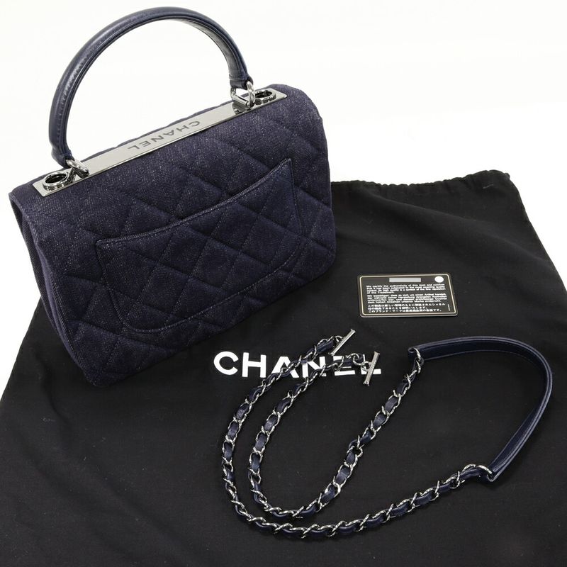 Chanel Handbag Shoulder Bag Matelasse Top Handle Denim Canvas Navy Silver