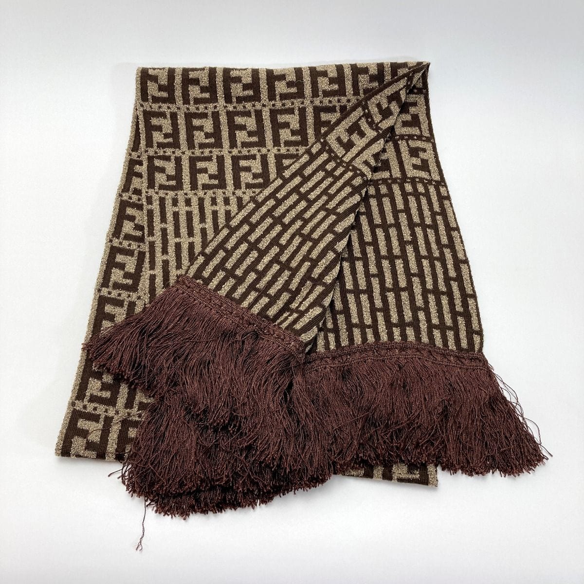 Fendi Zucca Pattern Fringe Muffler Brown Wool Stole