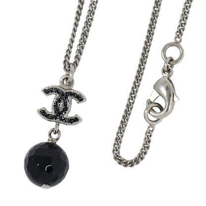 Authentic Chanel Coco Mark Necklace Pendant Metal Silver Hardware Black Coco