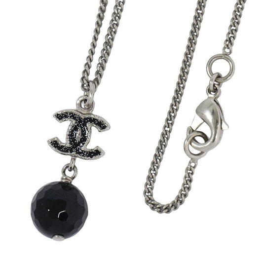 Authentic Chanel Coco Mark Necklace Pendant Metal Silver Hardware Black Coco