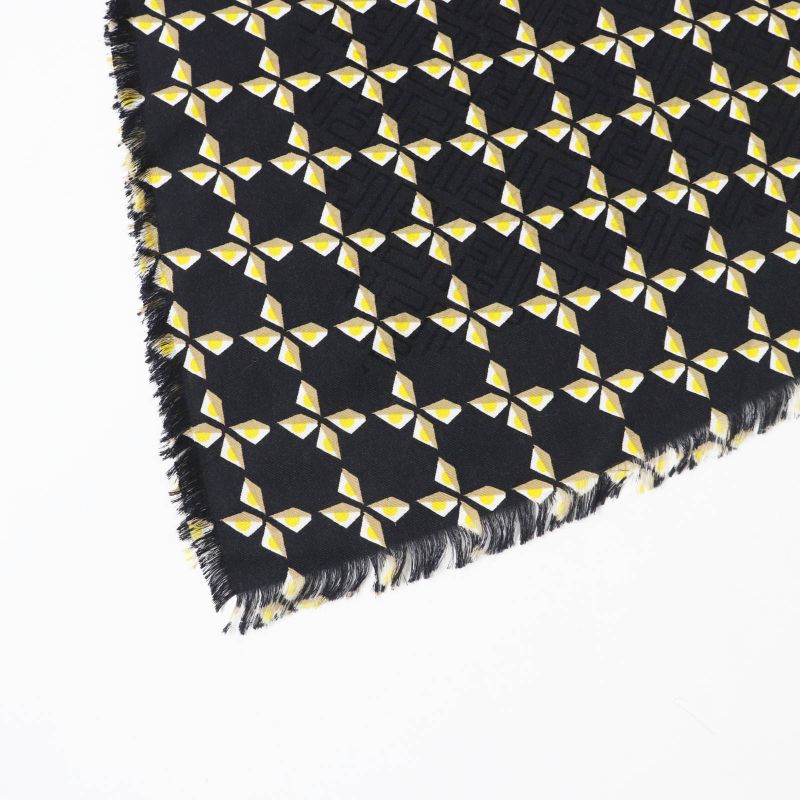 Fendi Fxt069 Silk Blend Raccoon Fur Zucca Pattern Scarf Black Yellow Beige