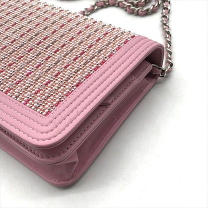 Chanel CC Logo Line Stone Chain Wallet Shoulder Bag Pink