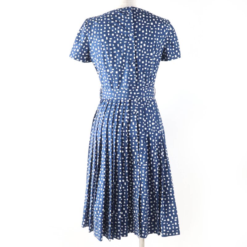 Prada Cotton Beautiful Silhouette Pleated Short Sleeve Dress With Belt Navy 40