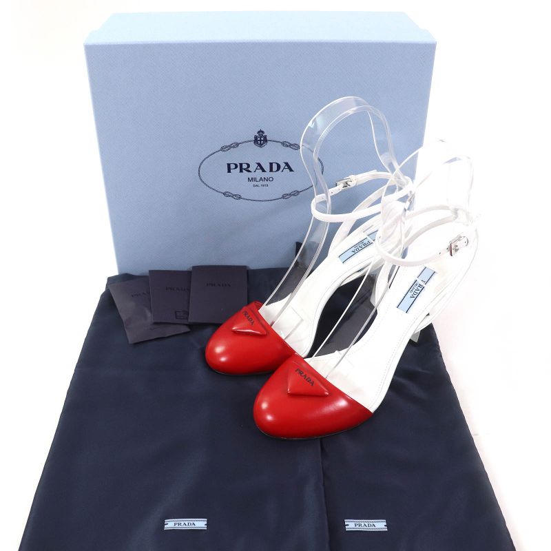 Prada 1i890m Triangle Logo Strap Leather Pumps Rosso Bianco 37.5 With Box And