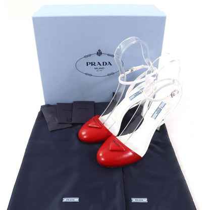 Prada 1i890m Triangle Logo Strap Leather Pumps Rosso Bianco 37.5 With Box And