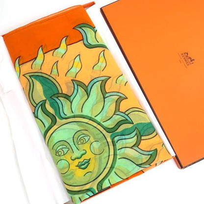 Hermes Pareo Sun Motif 100% Cotton Orange Large Shawl With Box Hermes