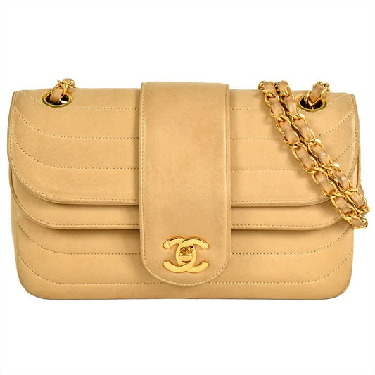 Chanel W Flap Chain Shoulder Bag Lambskin Beige Gold Hardware Coco Mark