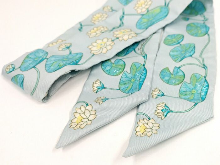 Hermes Twilly Scarf 100% Silk Lotus Flower Light Blue Multicolor