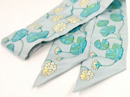Hermes Twilly Scarf 100% Silk Lotus Flower Light Blue Multicolor