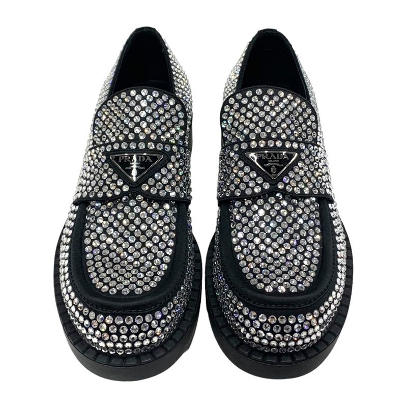 Prada Loafers Leather Shoes Satin Black Crystal Rhinestone Logo Plate Men's