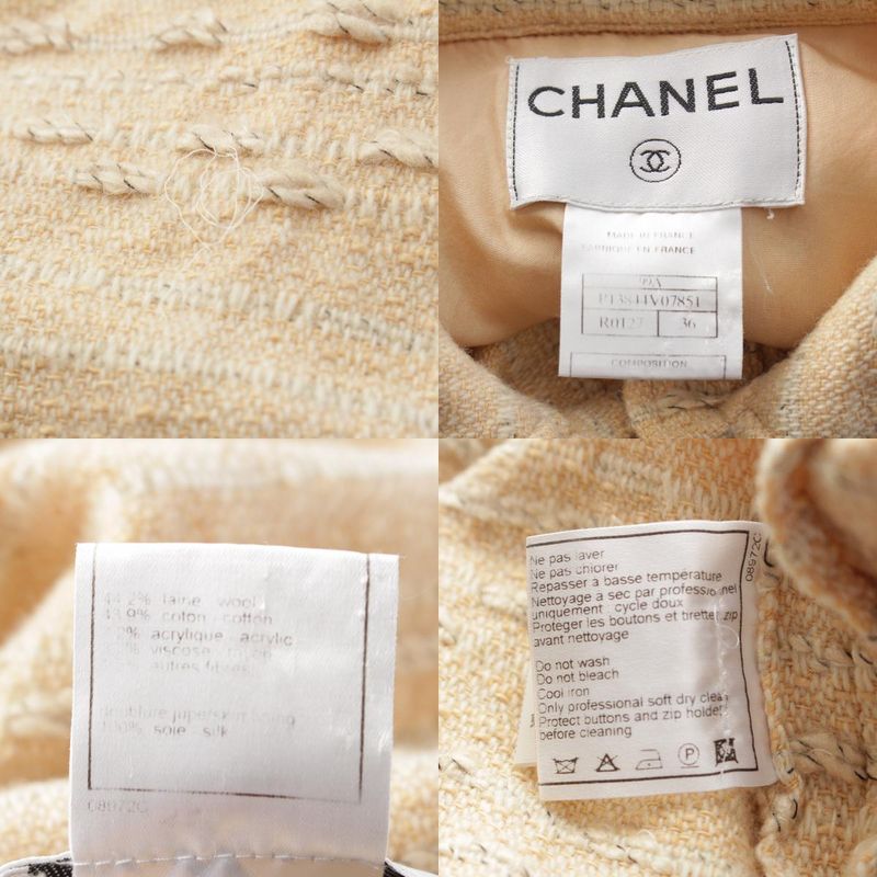 Chanel 99A Wool Cotton Tweed Stencil Collar Coat Outerwear P13844 Yellow 36
