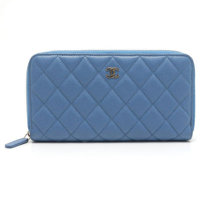 Chanel Round Zip Long Wallet Matelasse Caviar Skin Blue