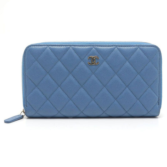 Chanel Round Zip Long Wallet Matelasse Caviar Skin Blue