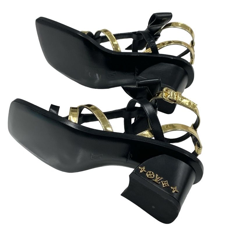 Louis Vuitton Peplum Line Monogram Sandals Shoes Patent Leather Black Gold