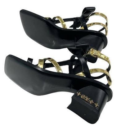 Louis Vuitton Peplum Line Monogram Sandals Shoes Patent Leather Black Gold