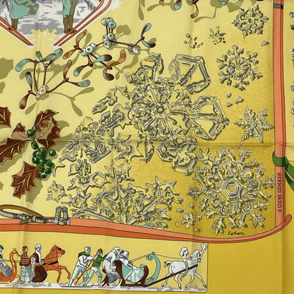 Hermes Carre 90 Neige D'antan Last Year's Snow Yellow 100% Silk Scarf