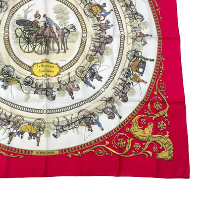 Hermes Scarf Silk Carre 90 LA Promenade DE Longchamps Walk To Ron Chien Red