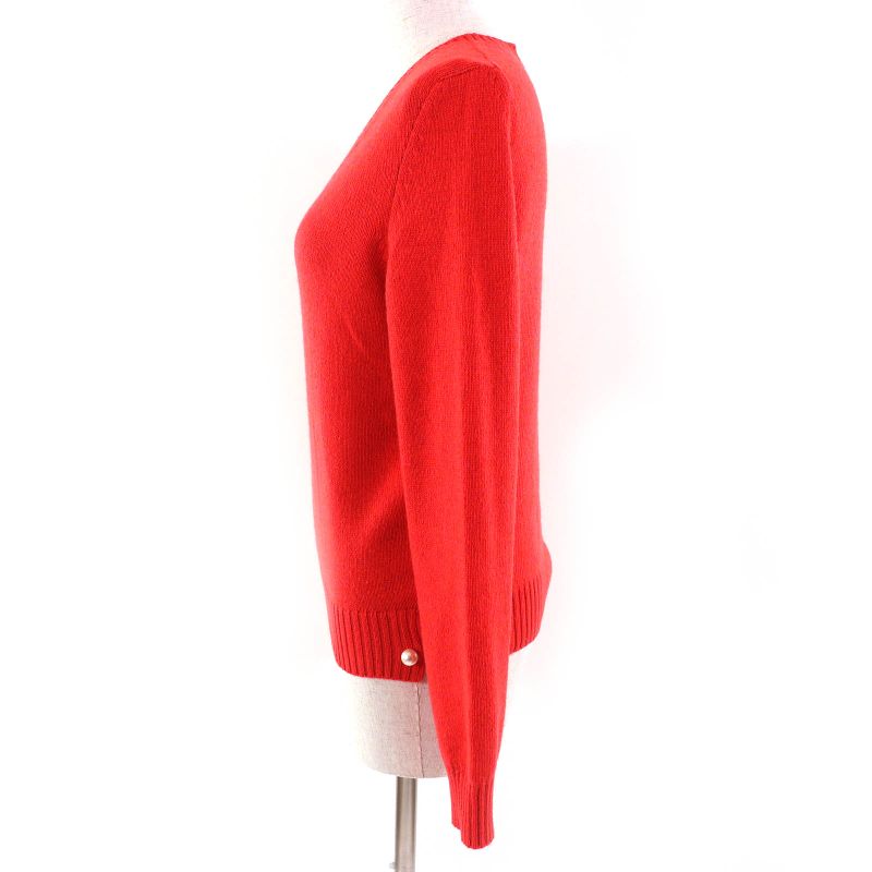 CHANEL P57305 100% Cashmere Coco Mark Pearl V-neck Long Sleeve Knit Sweater Red