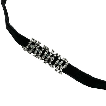 Christian Dior Ja Necklace Pendant Choker Black Silver Velvet Rhinestone