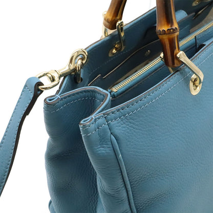 Gucci Bamboo Shopper Medium Size Leather Tote Handbag 2WAY Shoulder Bag Blue