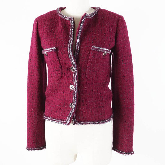 CHANEL 22AW 22A P73183 Collarless Tweed Jacket With Coco Mark Buttons Burgundy