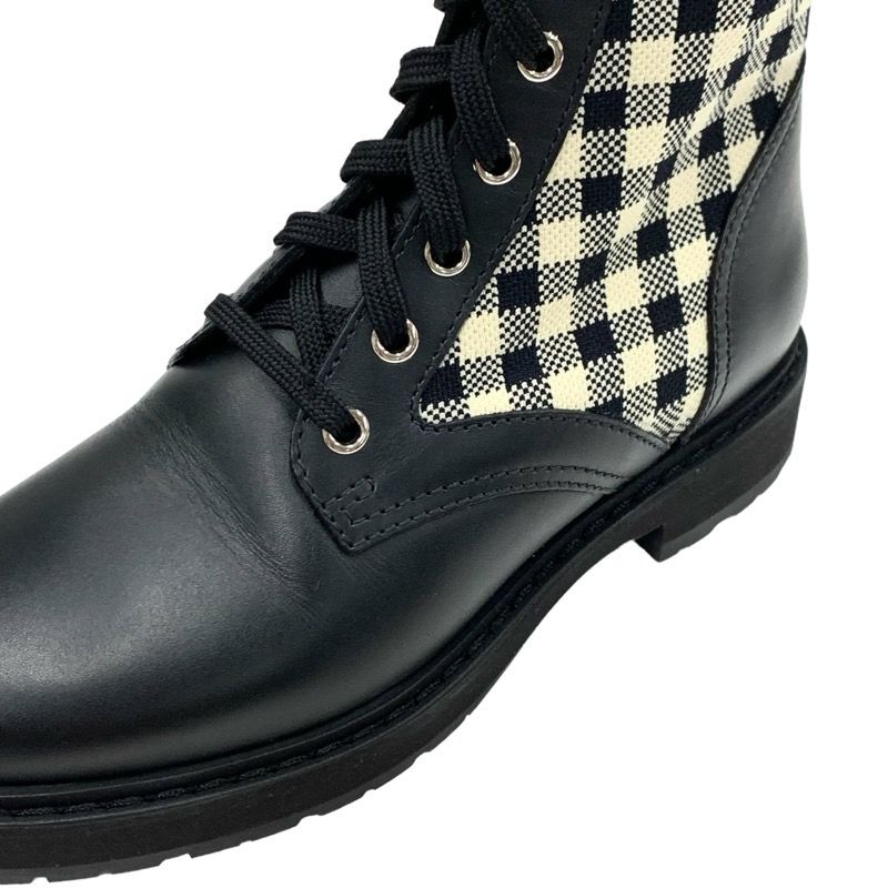 Fendi Rococo Boots Short Boots Shoes Zucca Check Lace Up Leather Fabric Black