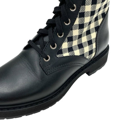 Fendi Rococo Boots Short Boots Shoes Zucca Check Lace Up Leather Fabric Black