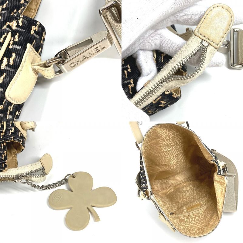 Chanel Shoulder Bag Clover Logo Leather / Canvas Black