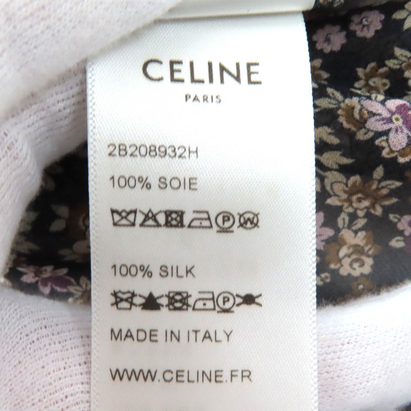 Celine 100% Silk Flower Print Floral Pattern Frilled Collar Logo Button Chiffon